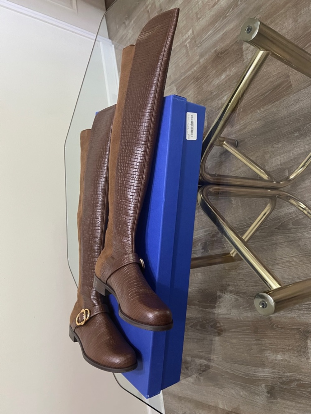 Stuart Weitzman Brown Tall Riding Boots with Gold Buckle